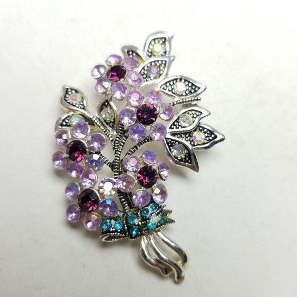 Vintage Pink Rhinestone Flower Cluster Bouquet Shape Brooch, Silver Tone, Estate - Picture 2 of 7